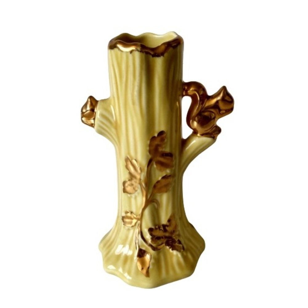 Yellow Ceramic Tree Trunk 22K Gold Trim Squirrel & Leaf Design Flower Bud Vase
